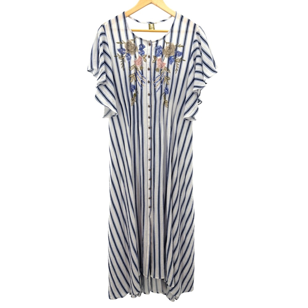Aratta Silent Journey Blue White Striped Embroidered Lace Back Midi Dress M